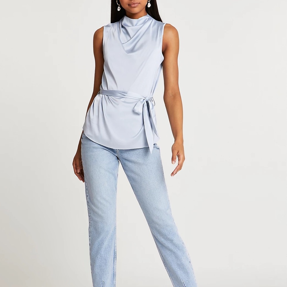 River Island blue satin waist tie cowl neck- US 6